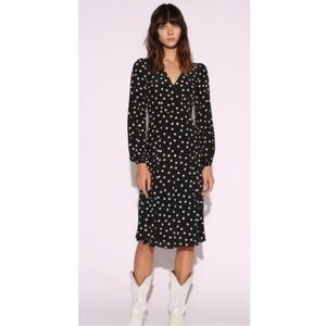 Realisation The Violette Black White Polka Dot Silk Long Sleeve Wrap Midi Dress